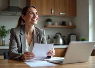 Dispense de frais d’intérêt : Comment en bénéficier et pourquoi c’est important Femme souriante en blazer dans sa cuisine moderne