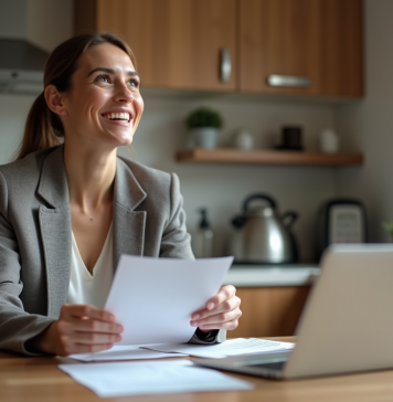 Femme souriante en blazer dans sa cuisine moderne