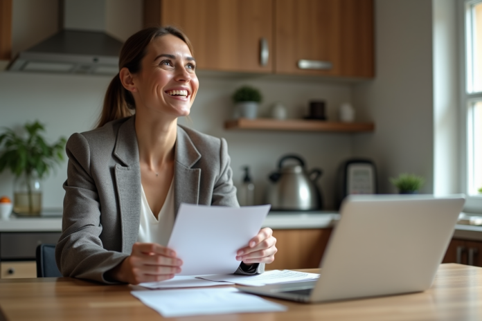 femme-satisfaction-finances Femme souriante en blazer dans sa cuisine moderne