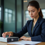 Coffre-fort de Nibelis : assurer la confidentialité de vos informations financières Femme confiante en costume navy utilisant un coffre numérique