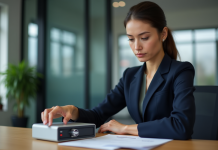 Femme confiante en costume navy utilisant un coffre numérique