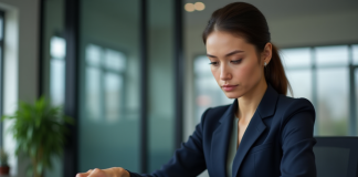Femme confiante en costume navy utilisant un coffre numérique