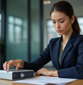Coffre-fort de Nibelis : assurer la confidentialité de vos informations financières Femme confiante en costume navy utilisant un coffre numérique