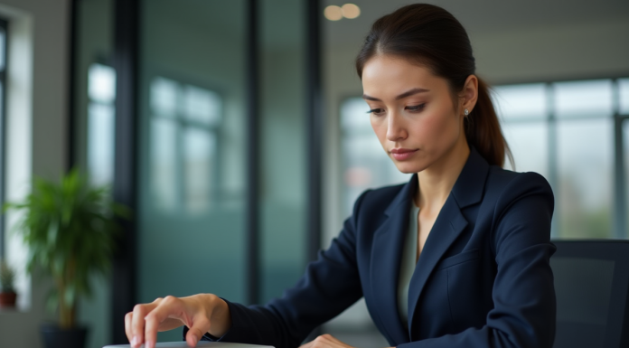 Coffre-fort de Nibelis : assurer la confidentialité de vos informations financières Femme confiante en costume navy utilisant un coffre numérique