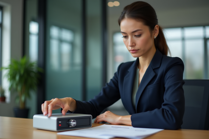 Femme confiante en costume navy utilisant un coffre numérique