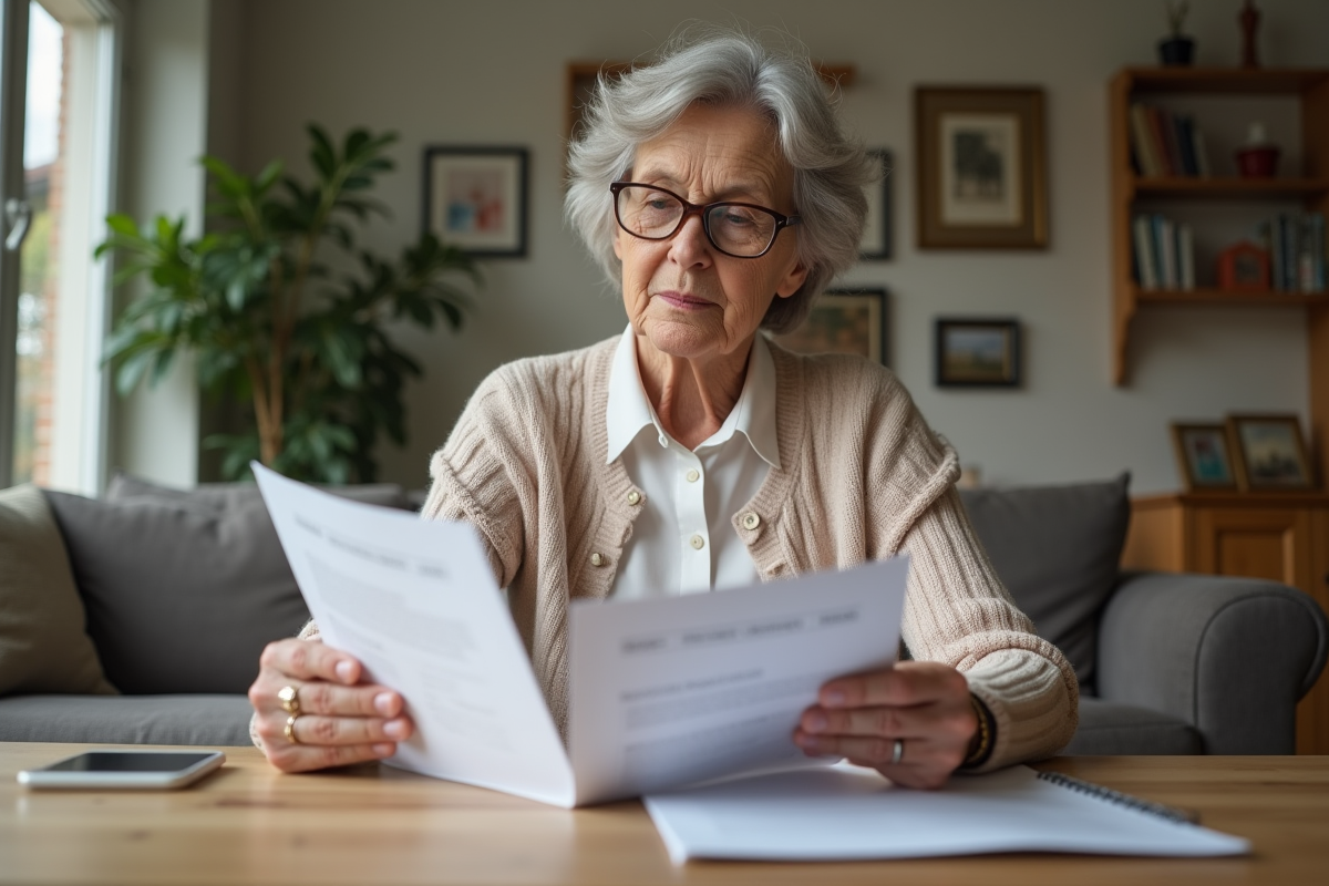 Femme senior lisant des documents d'assurance à la maison