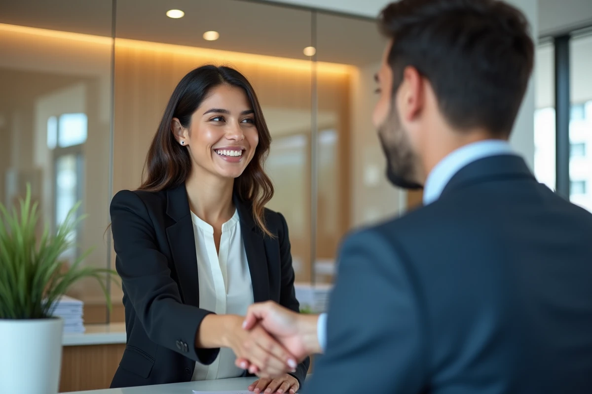 Femme souriante serrant la main d'un conseiller bancaire