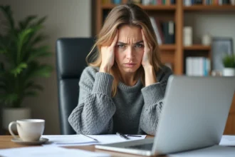 Femme stressée consultant des documents financiers dans un bureau à domicile, illustrant les avis négatifs Intrum et la gestion d'une dette