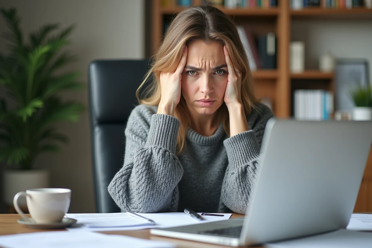 Femme stressée consultant des documents financiers dans un bureau à domicile, illustrant les avis négatifs Intrum et la gestion d'une dette