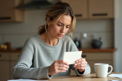 Femme inspectant un ticket Kadéos potentiellement périmé à la table de sa cuisine
