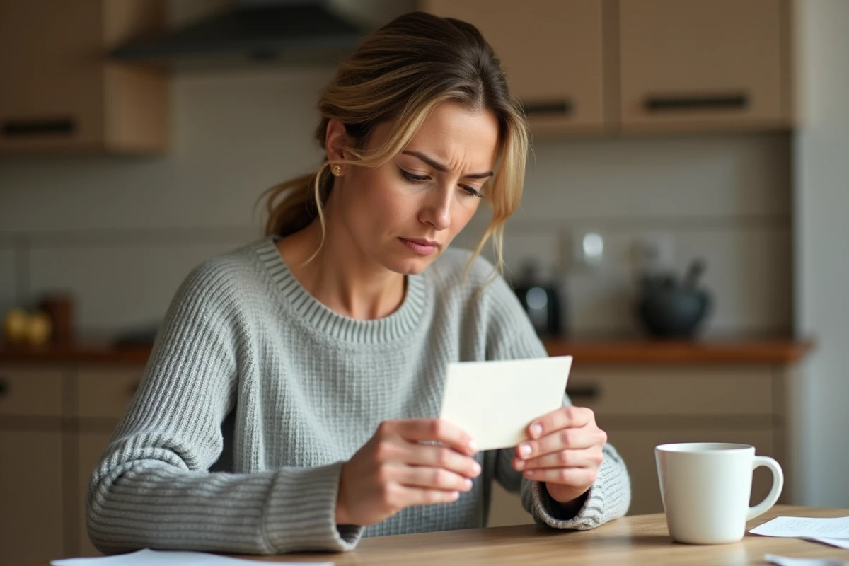 Femme inspectant un ticket Kadéos potentiellement périmé à la table de sa cuisine