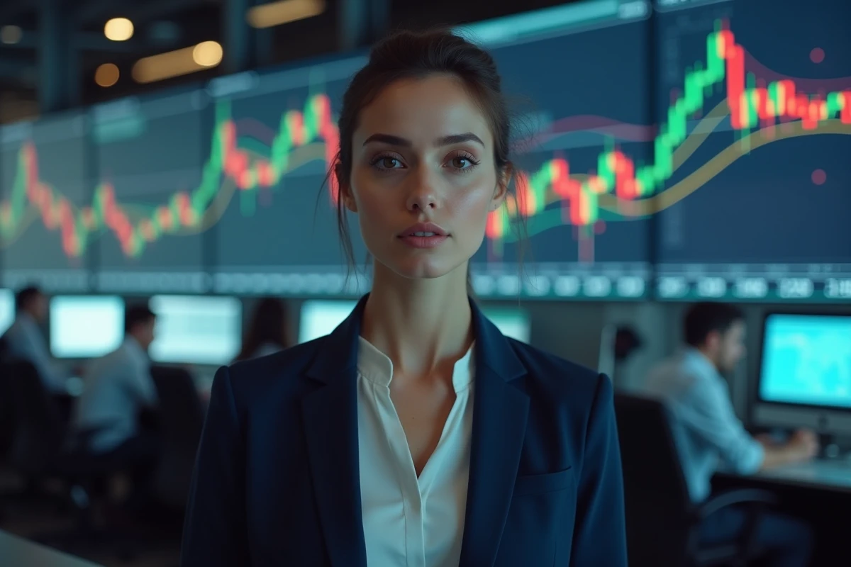 Femme trader devant un écran de cotations boursières volatiles lors d'un risque de krach