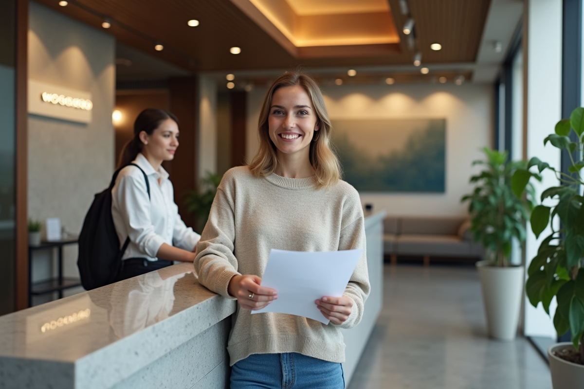 Femme remettant un formulaire signé au guichet de banque