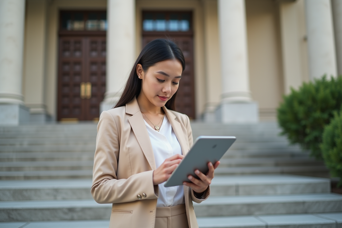 Jeune femme vérifiant des données sur une tablette devant un bâtiment