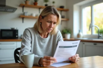 Femme vérifiant un relevé bancaire en attente de virement FDJ Ptitclic à la table de cuisine