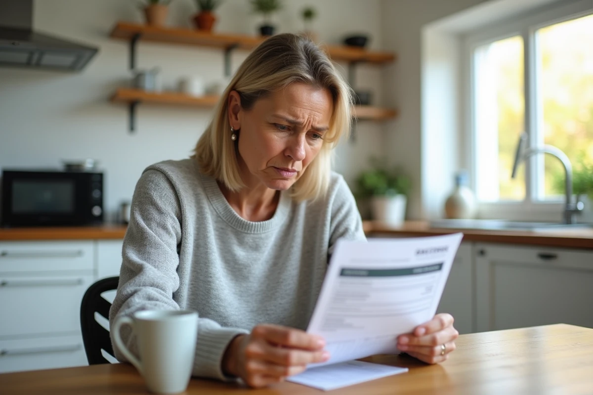 Femme vérifiant un relevé bancaire en attente de virement FDJ Ptitclic à la table de cuisine