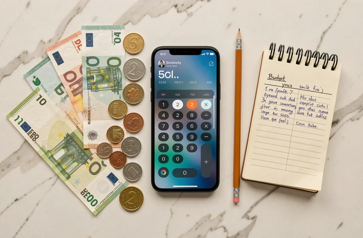 Vue aérienne de billets et pièces en euros disposés avec un smartphone affichant une calculatrice de gestion d'espèces