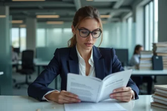 Professionnelle de l'assurance étudiant le Commercial Lines Manual dans un bureau moderne, formation aux lignes commerciales en 2026