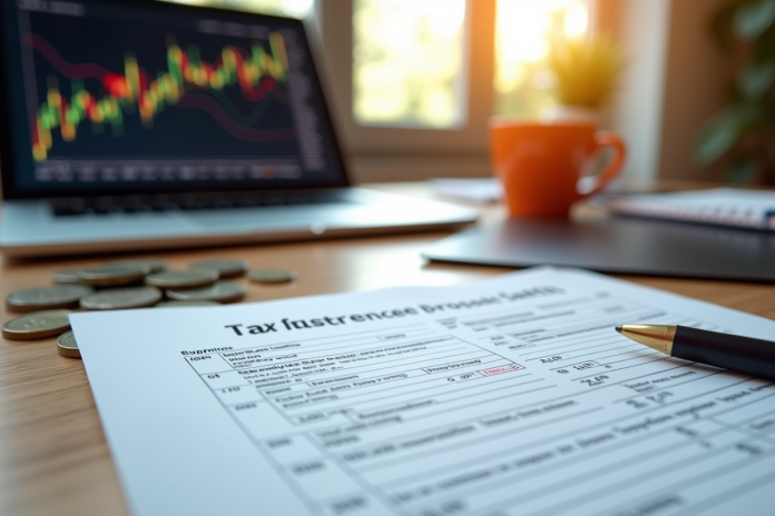 formulaire-fiscal-cryptomonnaie Formulaire fiscal français sur un bureau moderne avec crypto et euros