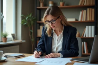 Femme professionnelle vérifiant ses documents fiscaux et reçus de repas pour la déclaration de frais réels aux impôts 2026