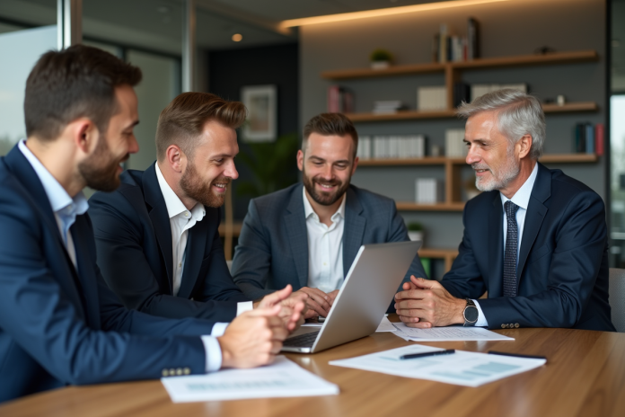 groupe-professionnels-reunion Groupe de professionnels en réunion dans un bureau moderne