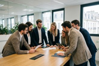Groupe de professionnels en réunion dans un bureau moderne à Bordeaux