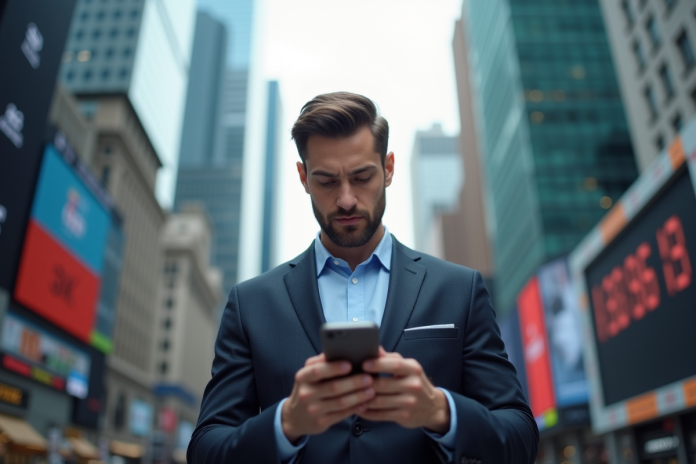 Homme d'affaires en costume vérifiant la bourse sur smartphone