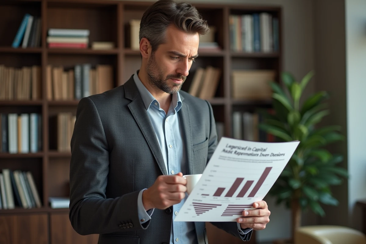 Homme d'affaires consultant des documents sur les essentiels Capital dans un bureau épuré et minimaliste