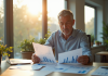 Homme d'affaires au bureau lumineux examinant des documents financiers