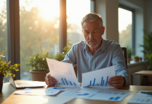 Homme d'affaires au bureau lumineux examinant des documents financiers
