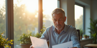 Homme d'affaires au bureau lumineux examinant des documents financiers