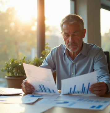 Homme d'affaires au bureau lumineux examinant des documents financiers