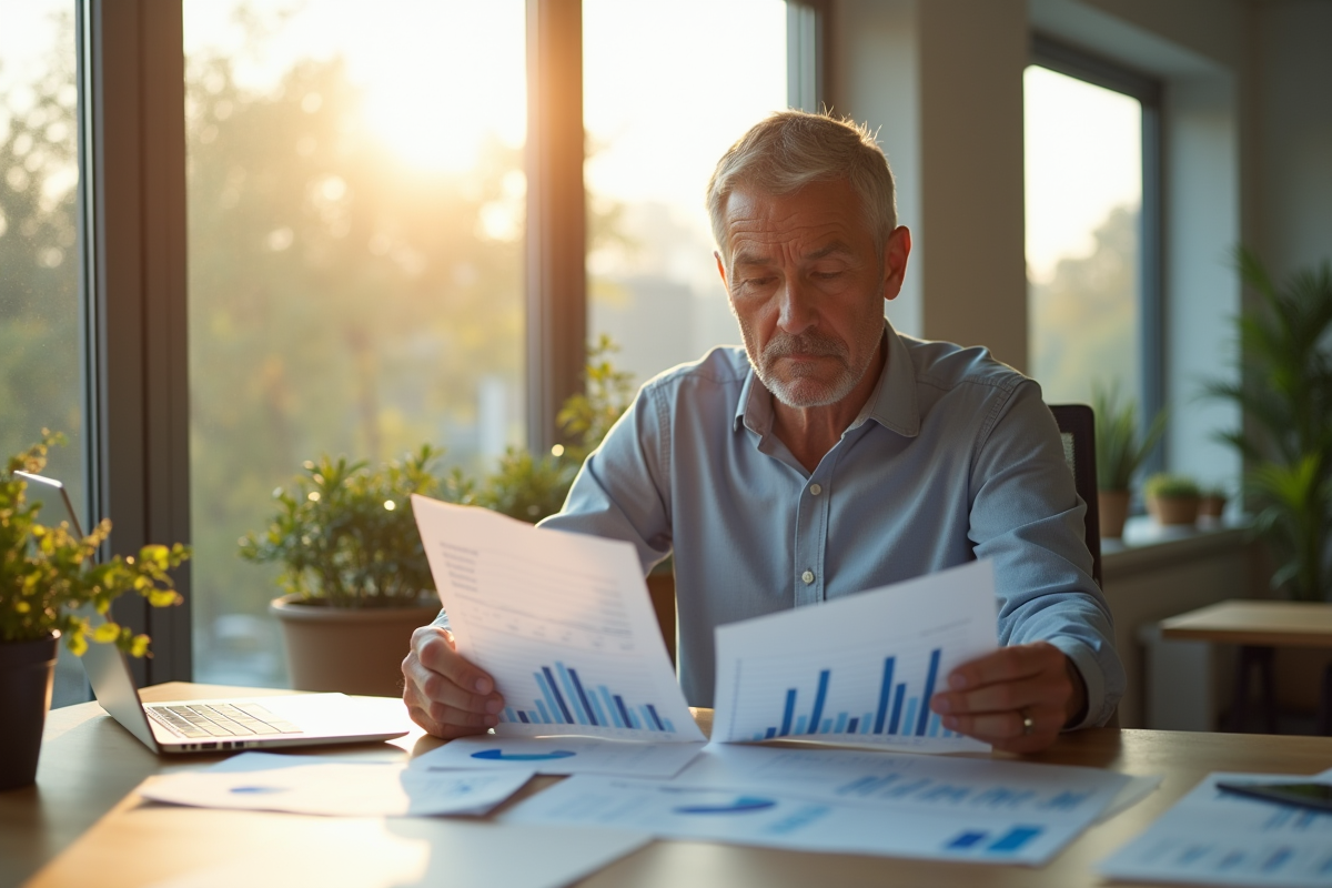 Homme d'affaires au bureau lumineux examinant des documents financiers