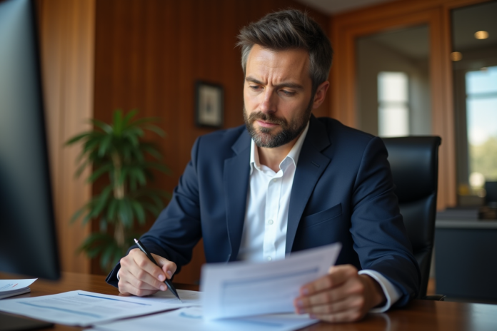 Homme d'affaires en costume bleu examine des documents financiers