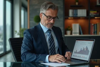 Homme d'affaires analysant des graphiques Solana sur un ordinateur