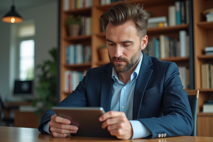 Homme concentré analysant des graphiques de cryptomonnaies sur une tablette