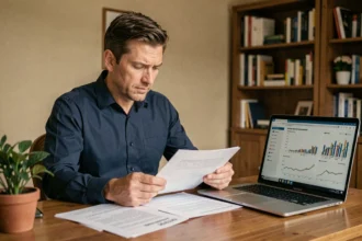 Homme analysant des documents d'investissement SCPI sur un bureau en bois dans un bureau à domicile