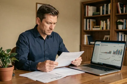 Homme analysant des documents d'investissement SCPI sur un bureau en bois dans un bureau à domicile