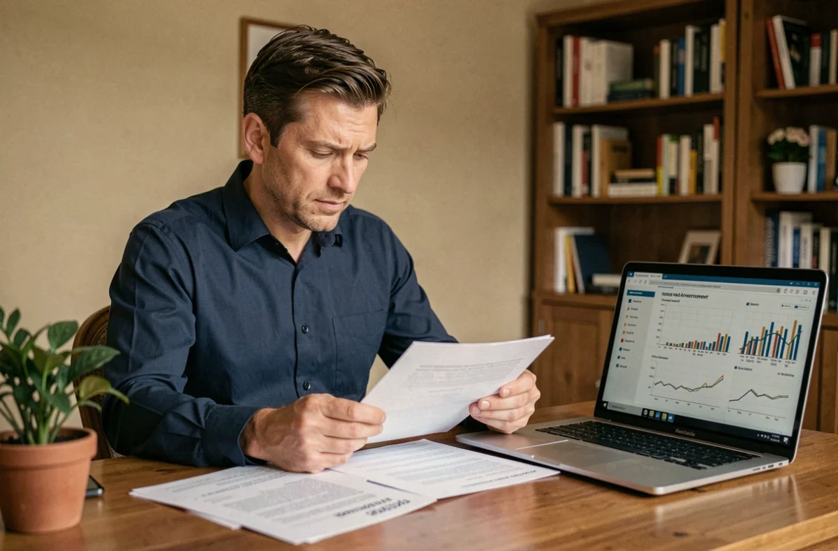 Homme analysant des documents d'investissement SCPI sur un bureau en bois dans un bureau à domicile