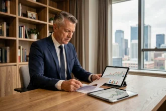 Homme d'affaires analysant des documents financiers et graphiques immobiliers pour décider d'un investissement en SCPI