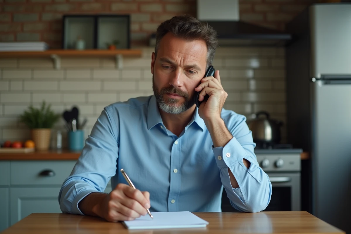 Homme calme téléphonant à un service de recouvrement comme Intrum pour contester un avis négatif et trouver une solution amiable