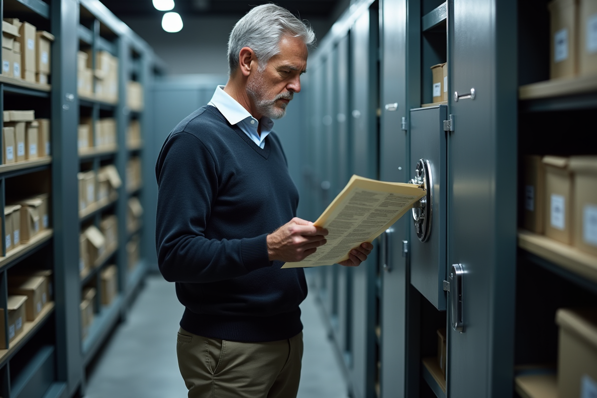 Homme rangeant un rapport financier dans un coffre fort