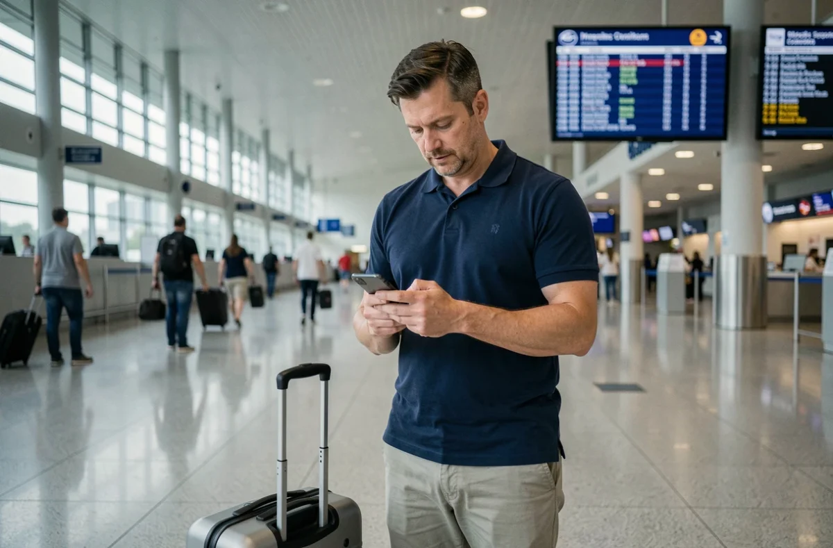 Homme comparant des assurances voyage sur son smartphone dans un terminal d'aéroport avant un court séjour
