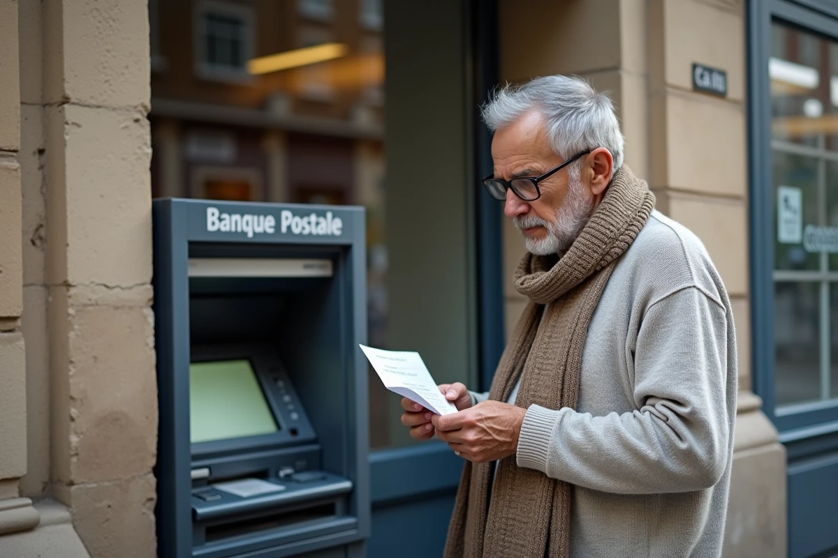 Homme âgé vérifiant un reçu bancaire devant un distributeur