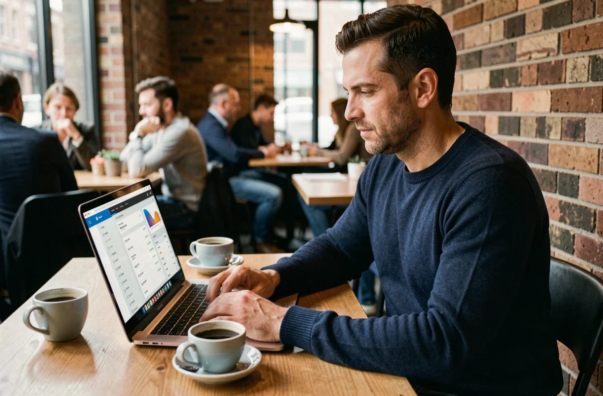 Homme utilisant un ordinateur portable pour accéder à son compte bancaire en ligne dans un café urbain moderne