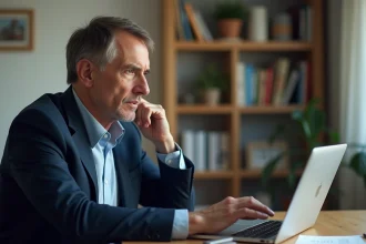 Homme d'âge moyen travaillant sur un ordinateur à domicile