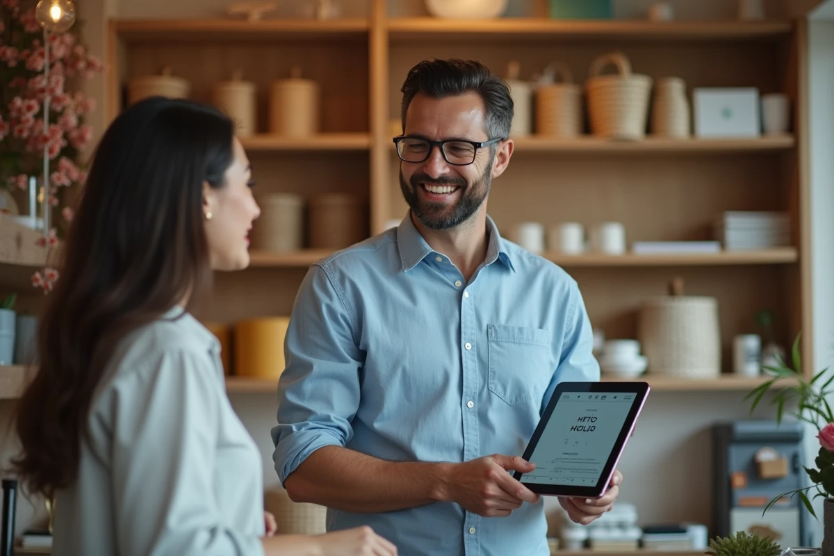 Homme en boutique montrant une conversion HT en TTC avec une tablette