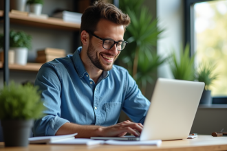 Homme d'affaires au bureau avec ordinateur et plantes