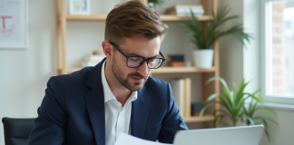 Homme d'une trentaine d'années en costume au bureau