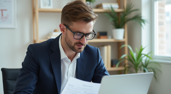 Déclarer Kraken aux impôts : tout ce qu’il faut savoir ! Homme d'une trentaine d'années en costume au bureau